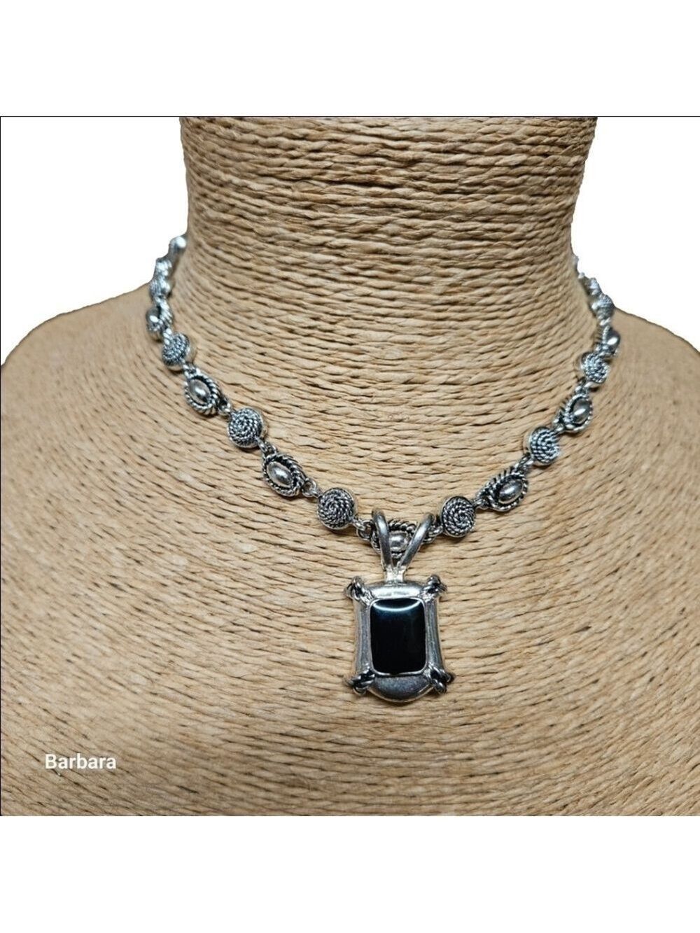 Vintage 80s Avon Black Enamel Silver-tone Pendant on Embellished Necklace Chain